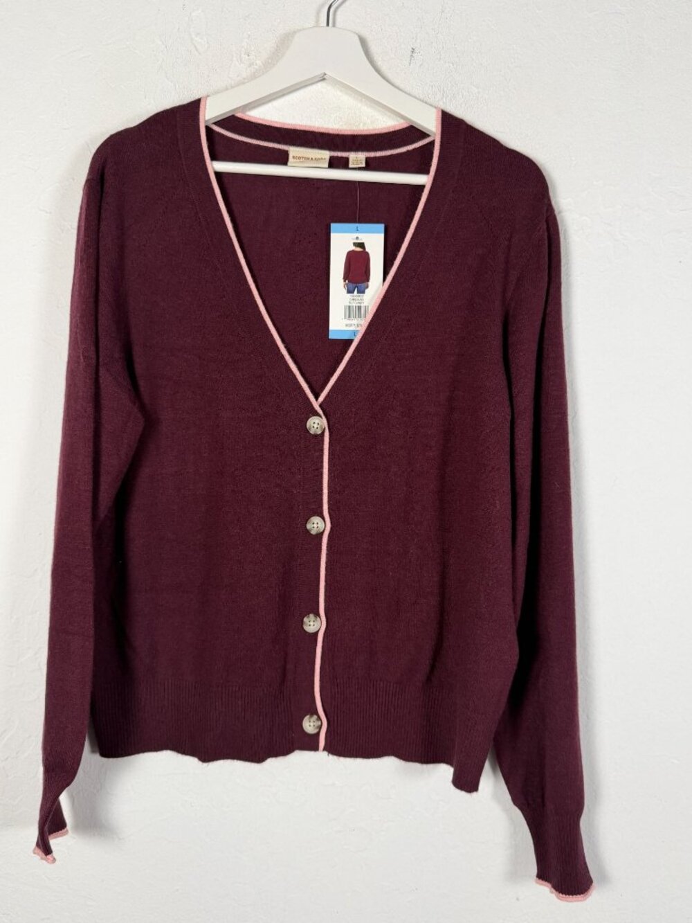 Scotch & Soda Women Large Burgundy Cardigan Sweater V-Neck Button Front Knit New